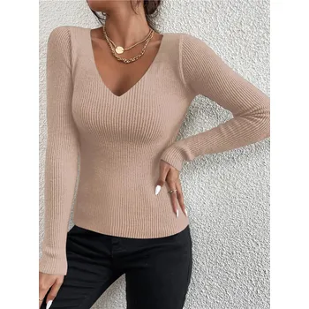 Dámský svetr Dámský žebrovaný svetr – výstřih do V, Y2K styl, volný střih Barva: Béžová, Velikost: ONE SIZE