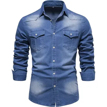 Pánská móda Pánská džínová košile s dlouhým rukávem a slim střihem Barva: Modrá, Velikost: M