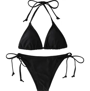 Dámské plavky Dámské trojúhelníkové bikiny se šňůrkami a tanga střihem Barva: Černá, Velikost: L