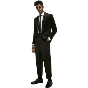 Dvoudílný pánský oblek – sametové sako a kalhoty Velikost: M, Barva (Varianta): Černá