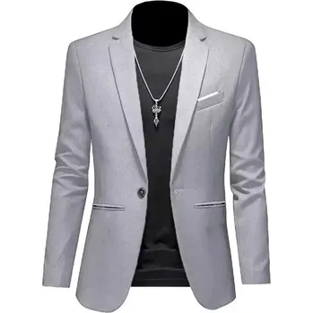 Pánské sako – podzimní business styl, slim fit střih Barva: Šedá, Velikost: L