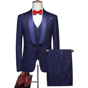 Pánský oblek Svatební třídílný oblek – korejský střih s vestou Velikost: XXS, Barva (Varianta): Tmavě modrá