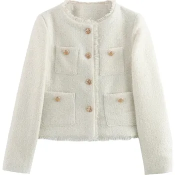 Dámský kabát Dámský elegantní tvídový kabátek na knoflíky s dlouhým rukávem Barva: Bílá, Velikost: M