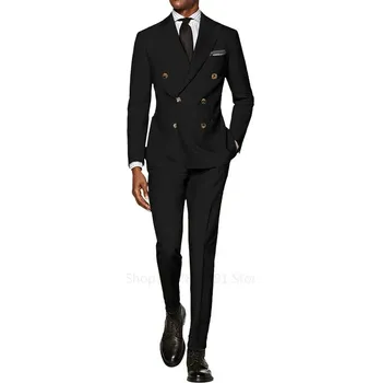 Dvoudílný svatební oblek – dvouřadý střih a špičaté klopy Velikost: L, Barva (Varianta): Černá