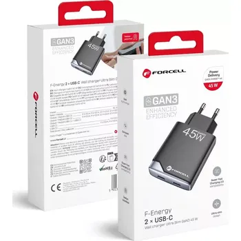F-ENERGY GaN III B245201(2C) Ultratenká cestovní nabíječka 2 x Type C + USB A PD QC4.0 3A 45W černá