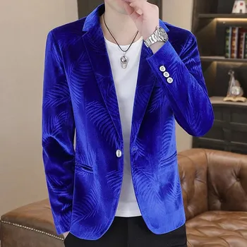 Sametové mini sako – módní květinový potisk Velikost: M, Barva (Varianta): Modrá