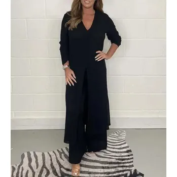 Elegantní dvoudílný komplet – halenka a široké kalhoty Barva: Černá, Velikost: L