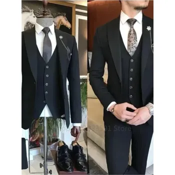 Třídílný oblek slim fit – sako, vesta a kalhoty pro grooma Velikost: 4XL, Barva (Varianta): Černá