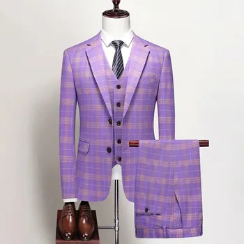 Elegantní třídílný pánský oblek s módním střihem Velikost: 3XS, Barva (Varianta): Fialová