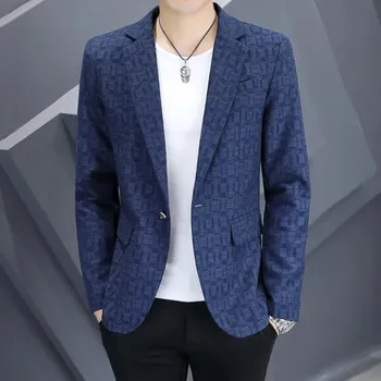 Pánské sako Jarní kostkované sako – elegantní slim střih pro mladé muže Velikost: XS, Barva (Varianta): Tmavě modrá