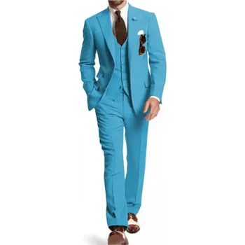 Pánský oblek Pánský slavnostní oblek – 3dílný set se sakem a kalhotami Velikost: S, Barva (Varianta): Nebeská