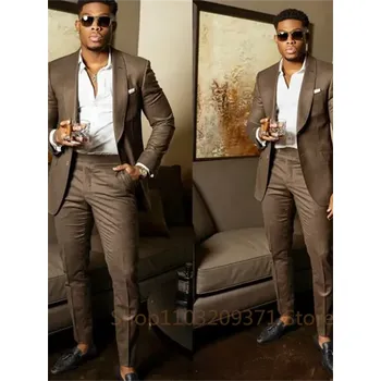 Dvoudílný společenský oblek – sako a kalhoty pro svatbu Velikost: S, Barva (Varianta): Hnědá