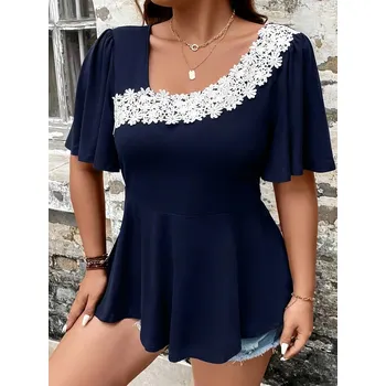 Dámská halenka Dámská halenka s volánovým límečkem ve větší velikosti Barva: Tmavě Modrá, Velikost: 3XL