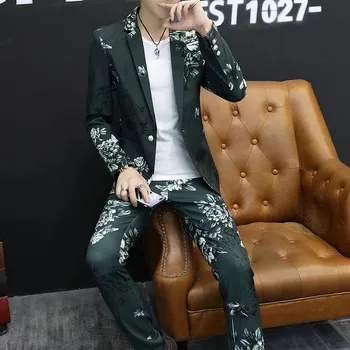 Pánský oblek Korejský dvoudílný business oblek s potiskem – jarní kolekce Velikost: S, Barva (Varianta): Zelená