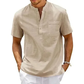 Pánská košile z lnu a bavlny – letní ležérní styl Barva: Khaki, Velikost: S