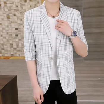 Lněné pánské sako s tříčtvrtečními rukávy v ležérním stylu Velikost: L, Barva (Varianta): Světle šedá