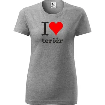 Dámské tričko Šedé dámské tričko I love teriér - dárek pro pejskařku - barva šedá - velikost L