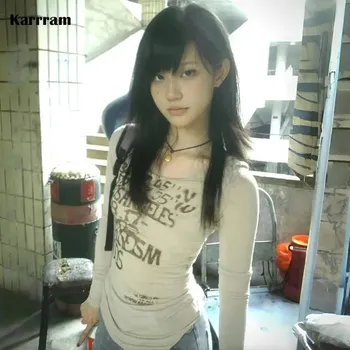 Dámské tričko Dámské tričko Y2K – žebrované, dlouhý rukáv s potiskem Velikost: L, Barva (Varianta): Khaki Gray