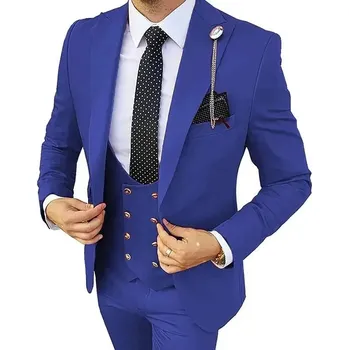 Třídílný oblek pro ženicha – sako, vesta a kalhoty do společnosti Velikost: S, Barva (Varianta): Modrá