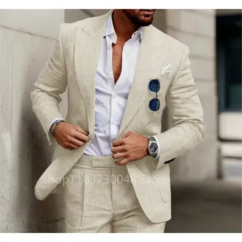 Dvoudílný oblek z lnu – slim střih, elegantní casual styl Velikost: S, Barva (Varianta): Béžová