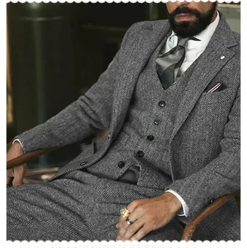 Vlněný třídílný oblek – svatební herringbone styl pro muže Velikost: 4XL, Barva (Varianta): Tmavě šedá