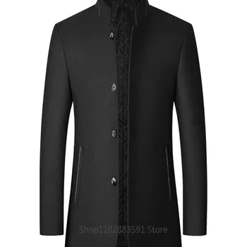 Pánský zimní kabát Vlněný kabát do půli stehen – britský business styl na zimu Velikost: 4XL, Barva (Varianta): Černá