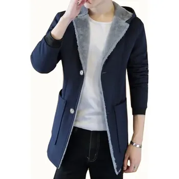 Pánský kabát Zimní pánský kabát s kapucí – zateplený vlněný trench coat Velikost: S, Barva (Varianta): Tmavě modrá