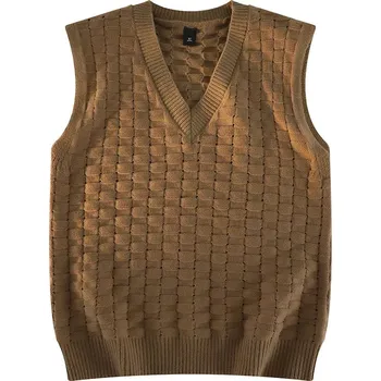 Dámská vesta Pánská pletená vesta – V výstřih, jemný žakár, volnočasový styl Barva: Khaki, Velikost: L