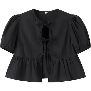 Dámská halenka Dámská crop halenka – nabírané rukávy, stylová elegance Barva: Černá, Velikost: L