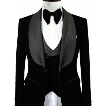 Třídílný slavnostní oblek – sametové sako s vestou a kalhotami Velikost: 4XL, Barva (Varianta): Černá