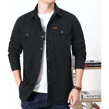 Pánská bavlněná košile v army stylu – dlouhý rukáv Barva: Černá, Velikost: 4XL