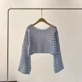 Dámský svetr Háčkovaný crop top – letní plážový boho svetr Velikost: ONE SIZE, Barva (Varianta): Světle modrá