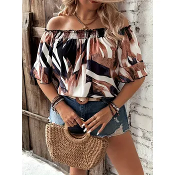 Dámská halenka Dámský top s odhalenými rameny, volný střih pro křivky Barva: Světle Hnědá, Velikost: 3XL