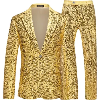 Pánský oblek Elegantní dvoudílný set s flitry – trendy slavnostní oblek Velikost: M, Barva (Varianta): Zlatá