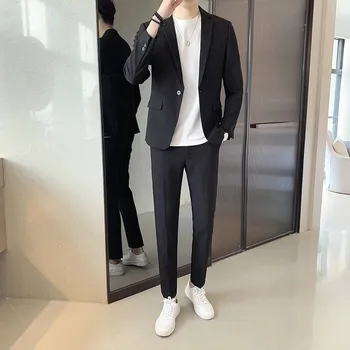 Pánský oblek Dvoudílný korejský oblek – jednoduchý, trendy a elegantní Velikost: 5XL, Barva (Varianta): Černá