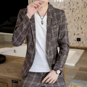 Dvoudílný kostkovaný oblek – korejský trendy střih Velikost: L, Barva (Varianta): Khaki