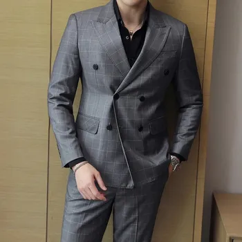 Pánský oblek Dvoukousek – trendy oblek s károvaným vzorem a úzkým střihem Velikost: XS, Barva (Varianta): Šedá