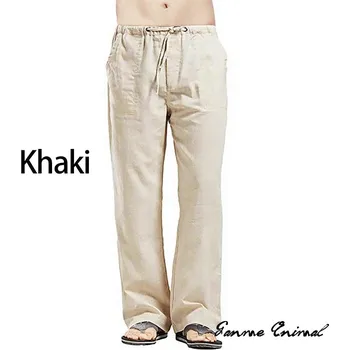 Pánské kalhoty Pánské lněné široké kalhoty ve volném korejském stylu Barva: Khaki, Velikost: L