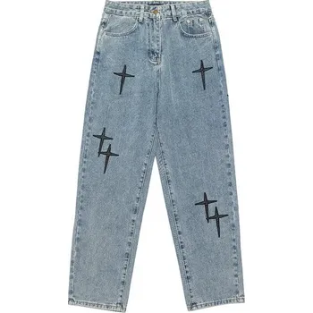 Pánské kalhoty Pánské volné jeansy s potiskem a širokými nohavicemi Barva: Modrá, Velikost: XL