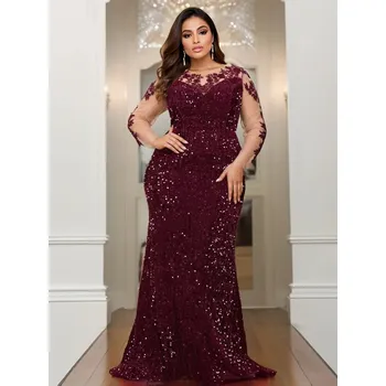 Dámské šaty Večerní maxi šaty – flitry, samet, krajka, výstřih a záda Velikost: 4XL, Barva (Varianta): Bordová