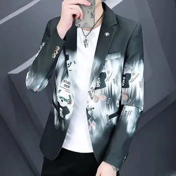 Tištěný pánský blazer – business casual styl s potiskem Velikost: L, Barva (Varianta): Šedá