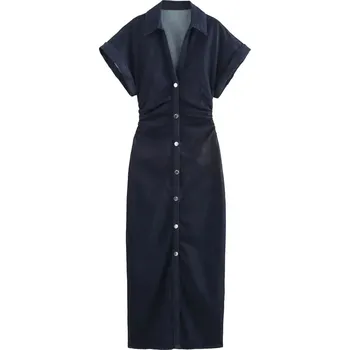 Dámské šaty Dámské midi džínové šaty – zip, límec, projmutý pas Velikost: XS, Barva (Varianta): Tmavě modrá