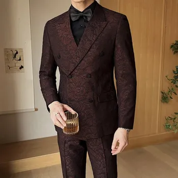 Pánský oblek Klasický svatební oblek – dvouřadý pánský komplet Velikost: XL, Barva (Varianta): Vínová