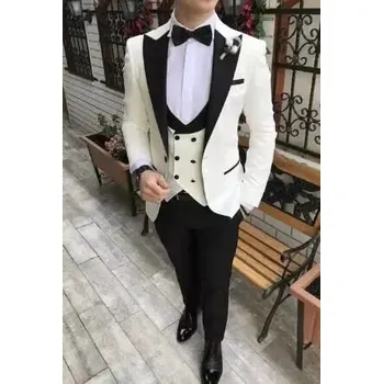 Pánský oblek Trojdílný business oblek – sako, vesta a kalhoty ve slim střihu Velikost: 3XL, Barva (Varianta): Krémová