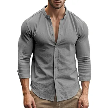 Pánská košile Pánská košile z bavlny a lnu – slim fit, základní styl, pohodlná Barva: Šedá, Velikost: 2XL