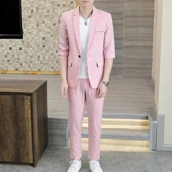 Pánský oblek Lehký ležérní oblek slim fit – jaro a léto Velikost: XL, Barva (Varianta): Růžová