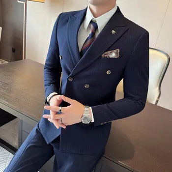 Pánský oblek Britský a korejský slavnostní oblek – proužkovaný třídílný set Velikost: 5XL, Barva (Varianta): Tmavě modrá