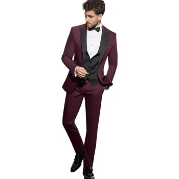 Třídílný oblek na svatbu – úzký střih, elegantní vzhled Velikost: 4XL, Barva (Varianta): Bordová