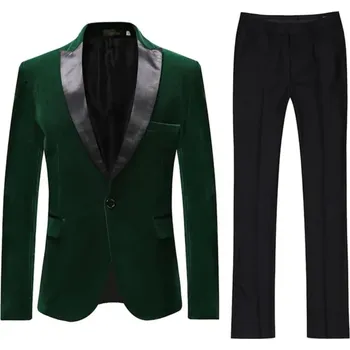 Sametový dvoudílný oblek – svatební komplet se špičatými klopami Velikost: 5XL, Barva (Varianta): Zelená