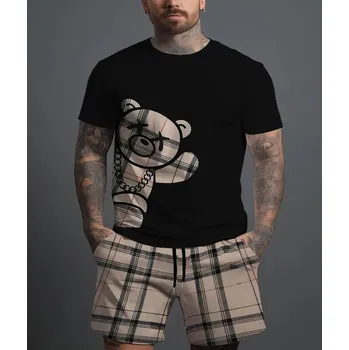 Letní pánský komplet – 3D potisk, kraťasy a sako s medvědem Velikost: L, Barva (Varianta): SUTKCW3AHK993